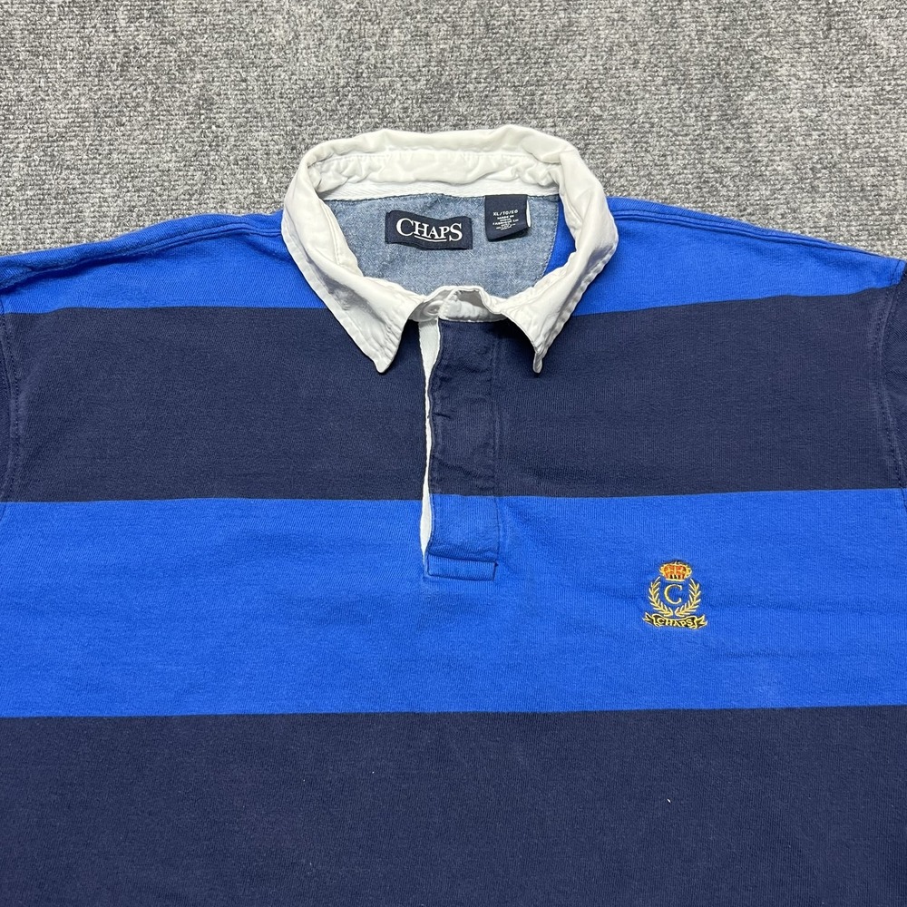 Chaps Rugby Polo Shirt Mens XL Blue Navy Striped Long Sleeve Crest Logo